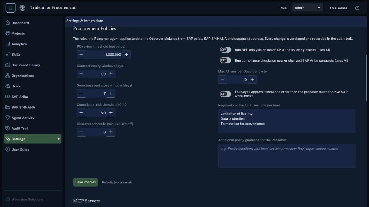 The Procurement Policies section in Settings: number fields for the PO review threshold, contract expiry window, sourcing event close window, compliance risk threshold and observer schedule; switches for automatic RFP analysis, compliance checks and four-eyes approval; required contract clauses; additional guidance; and a Save Policies button.