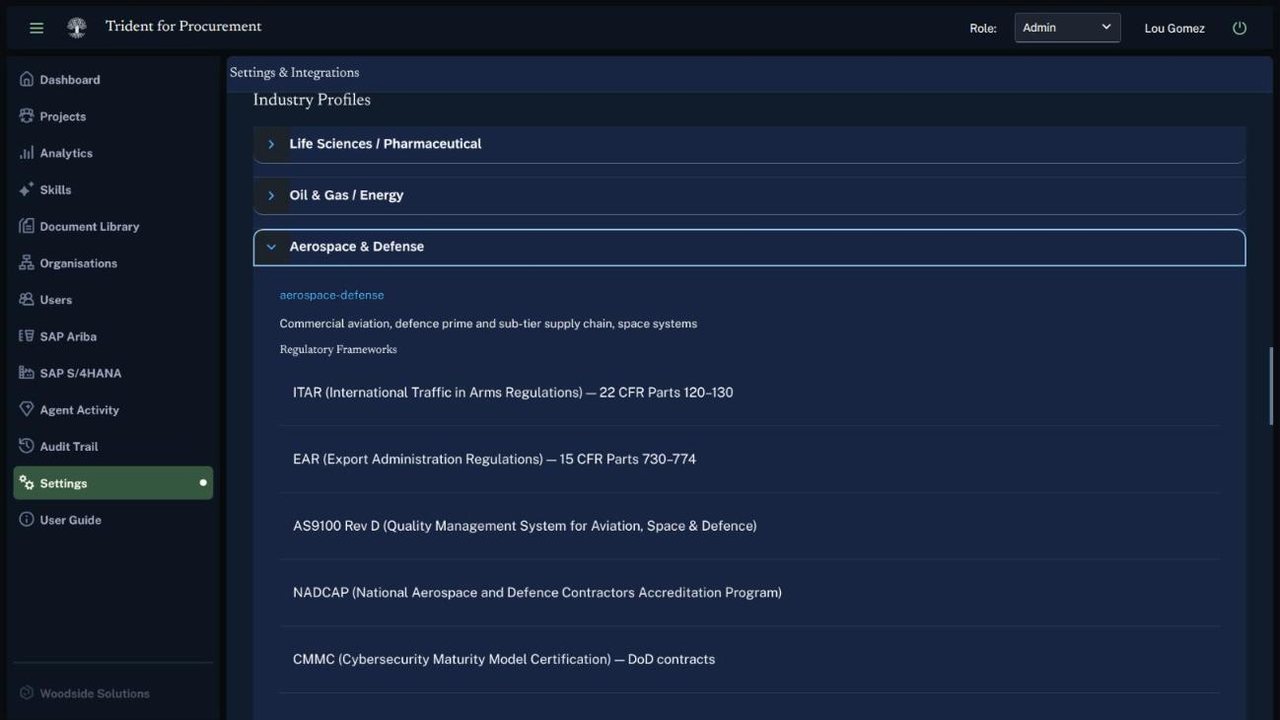 The Industry Profiles section in Settings with Life Sciences, Oil and Gas, and Aerospace and Defense panels. The aerospace and defense panel is open and lists regulatory frameworks including ITAR, EAR, AS9100 Rev D, NADCAP and CMMC.