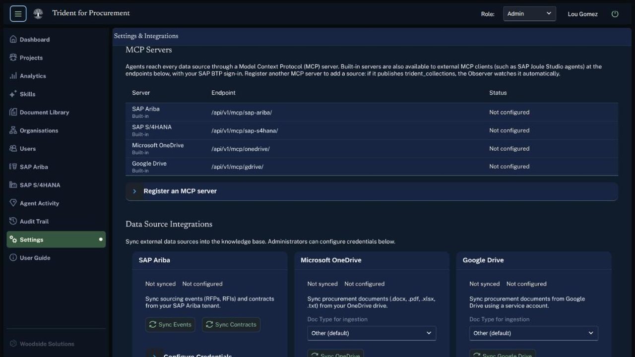 The MCP Servers section in Settings, listing the built-in servers for SAP Ariba, SAP S/4HANA, Microsoft OneDrive and Google Drive with their status, and an option to register another MCP server. Below it, the Data Source Integrations cards.