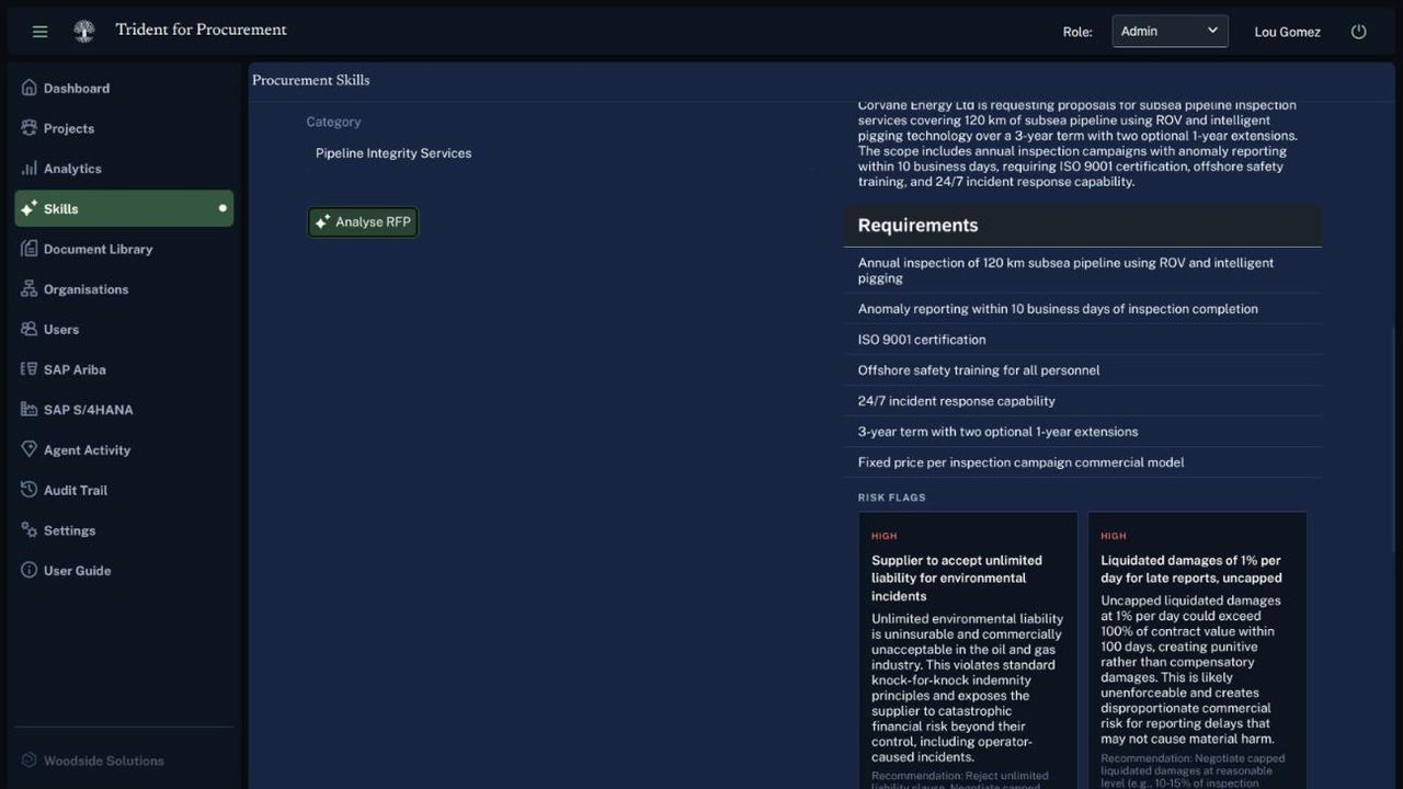 The Analyse RFP skill in Trident for Procurement. The right-hand result lists the requirements extracted from a subsea pipeline inspection RFP and two high-severity risk flags: unlimited environmental liability and uncapped liquidated damages.